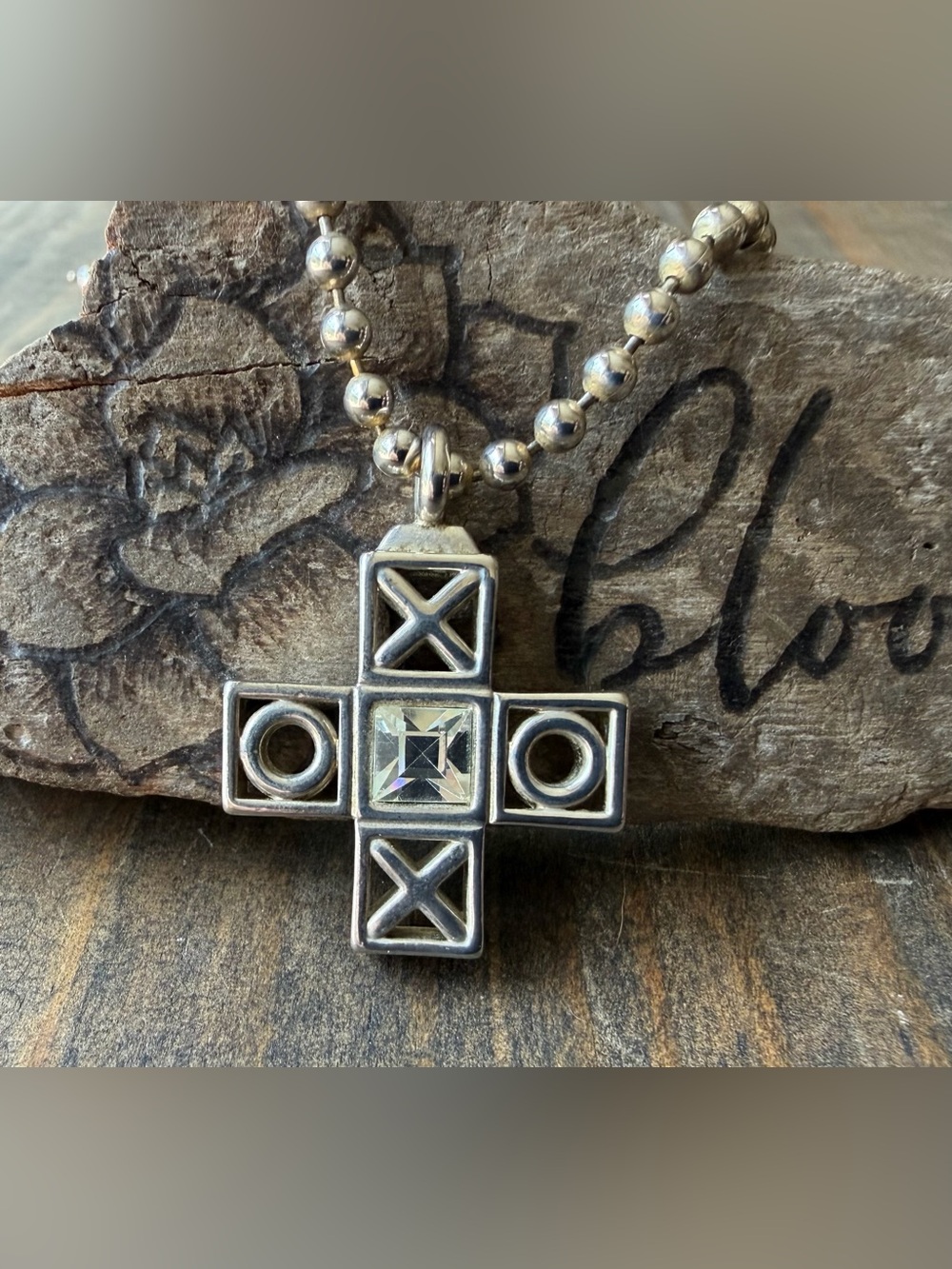 Silver Tone Cross Pendant Necklace with Clear Crystal Accent
